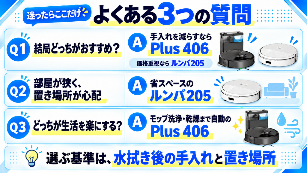ルンバ205とPlus 406のよくある3つの質問の図解
