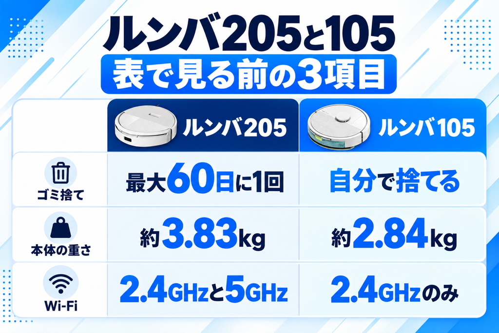 ルンバ 205と105のスペック比較 要点