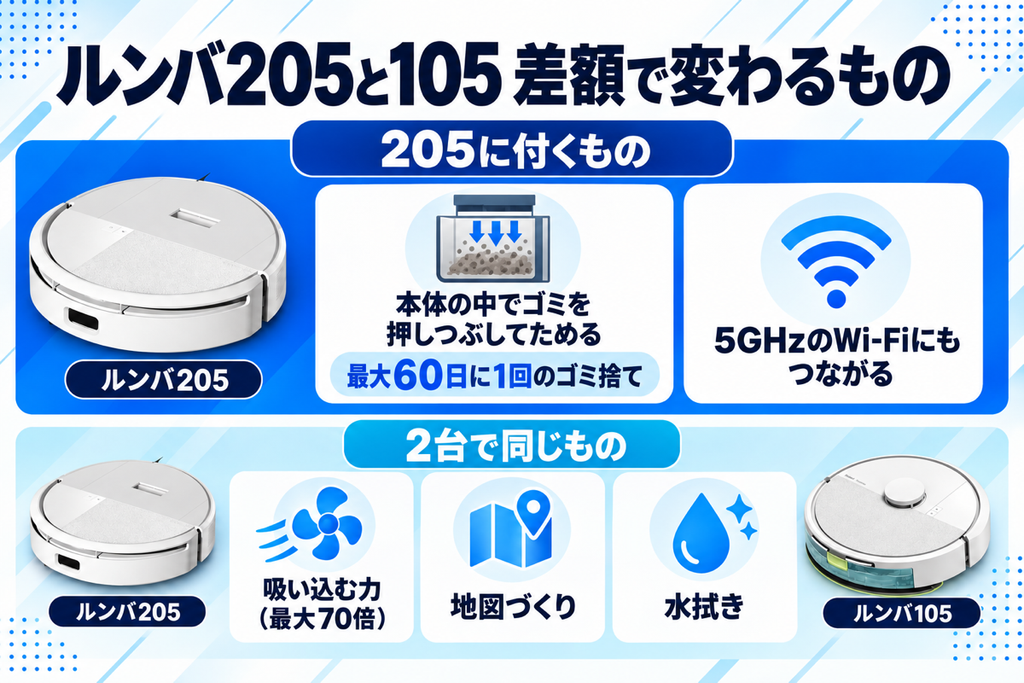 ルンバ 205と105の定価の差で変わるものの比較